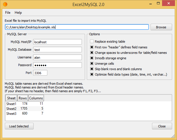 screenshot of Excel2MySQL
