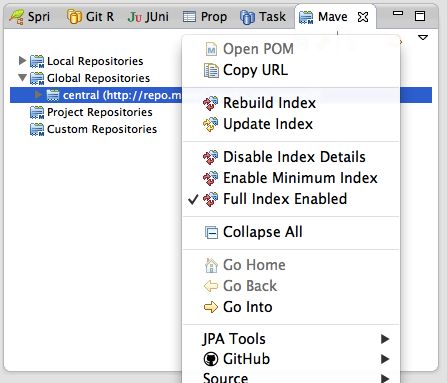 Maven Repositories -> Rebuild Index