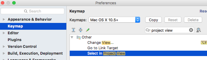 Keymap|Select in Project View