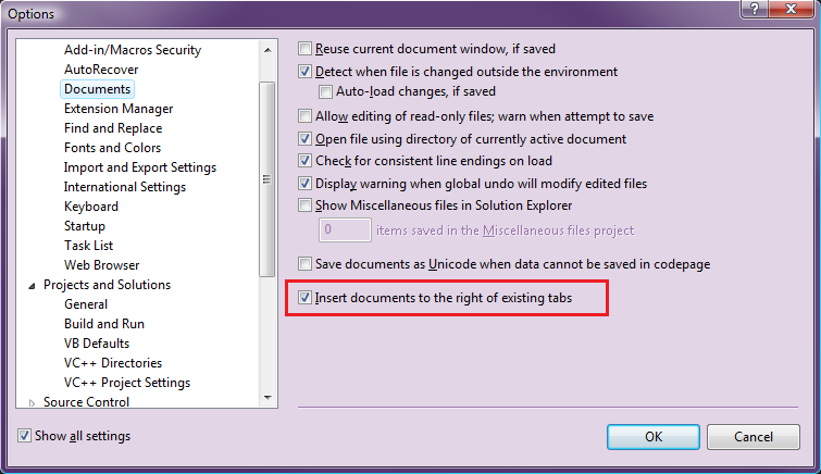 Visual Studio document tab options