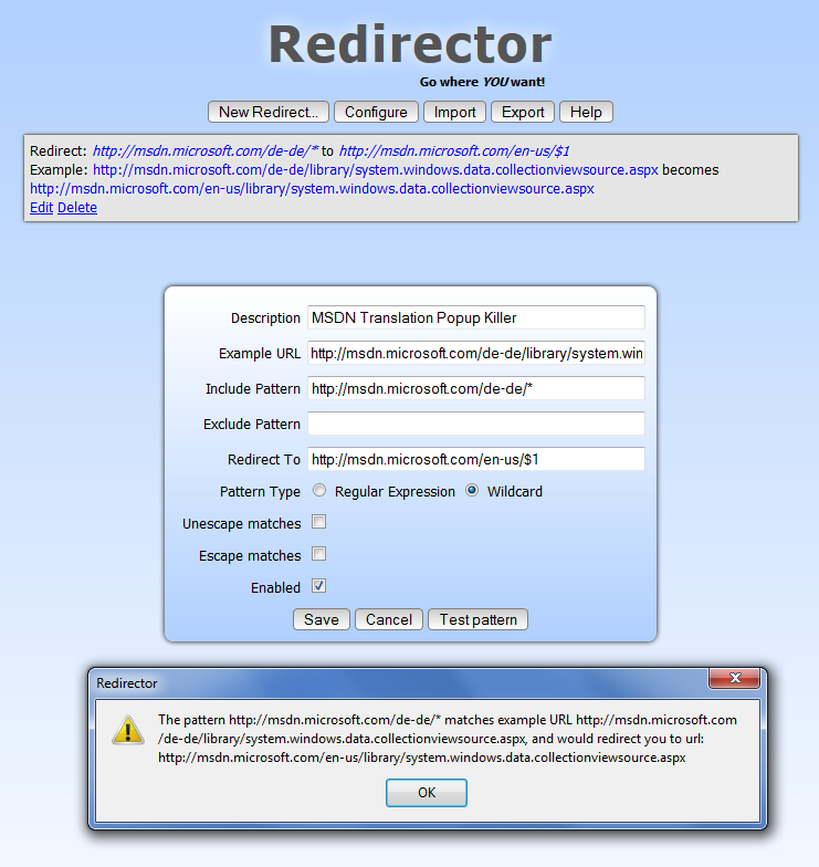 Redirector plugin set to force English msdn pages
