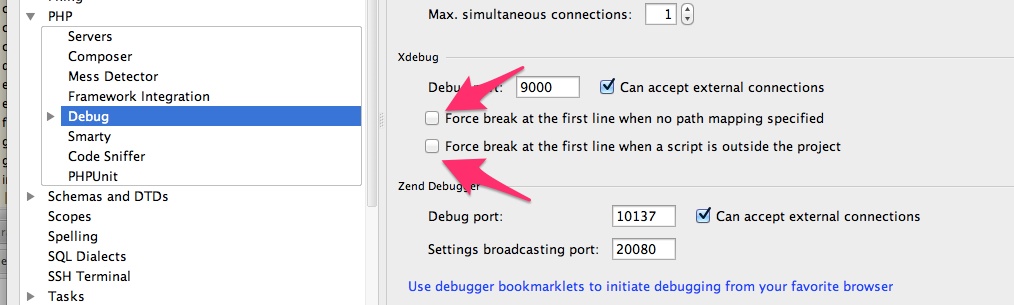 Preferences->PHP->Debug