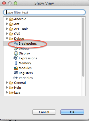 Add Breakpoints window to Eclipse