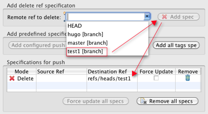 Remote ref to delete in Egit
