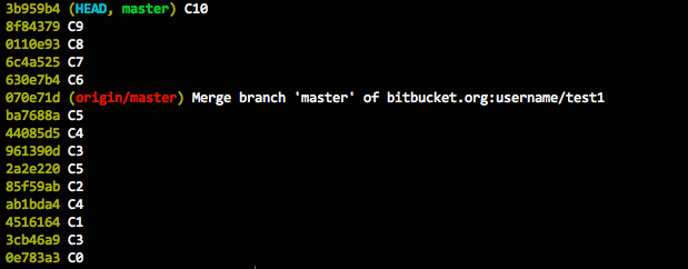 Git log showing linear commits atop duplicated commits