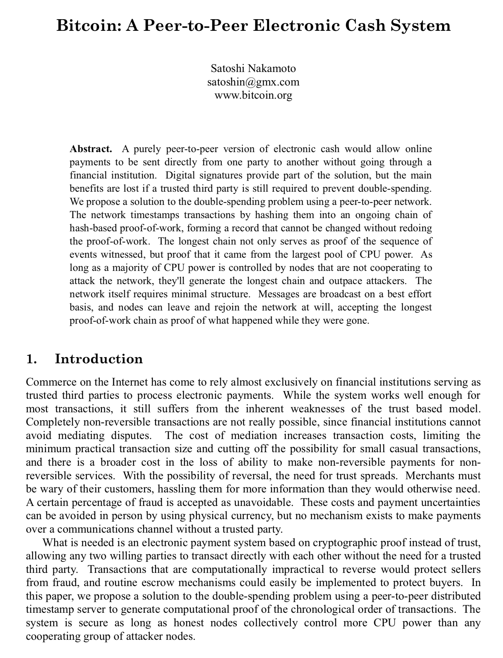 Bitcoin: A Peer-to-Peer Electronic Cash System